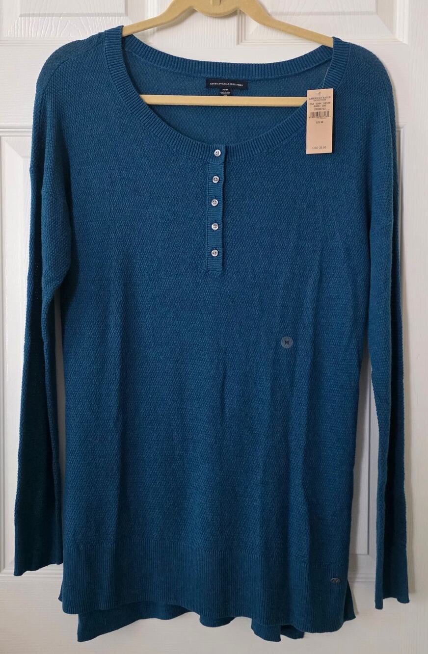 American Eagle Outfitters 5 Button Placket Blue Waffle Henley Size Medium